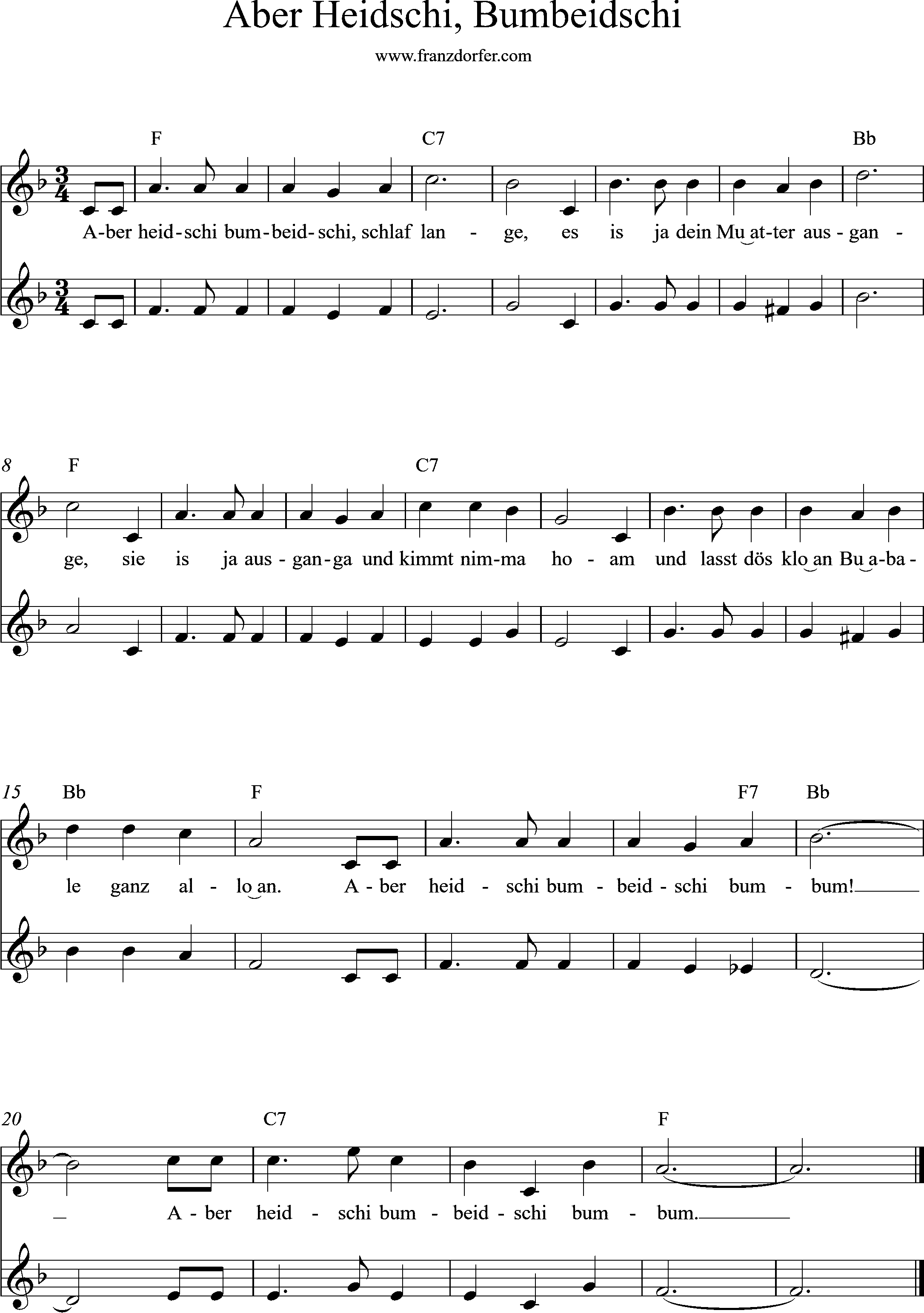 Trompete, Tenorhorn- Noten  D-Dur, Heidschi Bumbeidschi